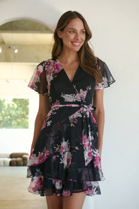 Paloma Chiffon Black/Pink Floral Cross Over Dress