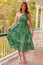 Load image into Gallery viewer, Malia One Shoulder Green Floral Shirred Dress