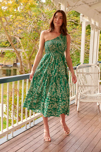 Malia One Shoulder Green Floral Shirred Dress