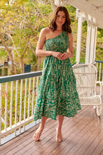 Load image into Gallery viewer, Malia One Shoulder Green Floral Shirred Dress