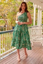 Load image into Gallery viewer, Malia One Shoulder Green Floral Shirred Dress