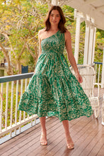 Load image into Gallery viewer, Malia One Shoulder Green Floral Shirred Dress