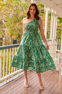 Malia One Shoulder Green Floral Shirred Dress