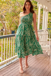 Malia One Shoulder Green Floral Shirred Dress