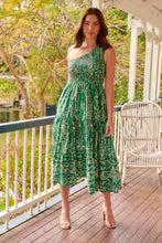 Load image into Gallery viewer, Malia One Shoulder Green Floral Shirred Dress