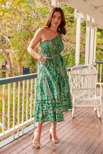 Load image into Gallery viewer, Malia One Shoulder Green Floral Shirred Dress