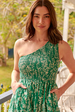 Load image into Gallery viewer, Malia One Shoulder Green Floral Shirred Dress