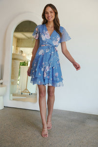 Paloma Chiffon Sky blue/Pink Floral Cross Over Dress