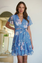 Load image into Gallery viewer, Paloma Chiffon Sky blue/Pink Floral Cross Over Dress