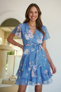 Paloma Chiffon Sky blue/Pink Floral Cross Over Dress