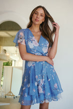 Load image into Gallery viewer, Paloma Chiffon Sky blue/Pink Floral Cross Over Dress