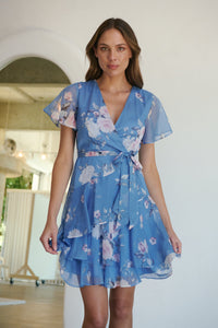 Paloma Chiffon Sky blue/Pink Floral Cross Over Dress