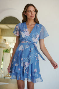 Paloma Chiffon Sky blue/Pink Floral Cross Over Dress