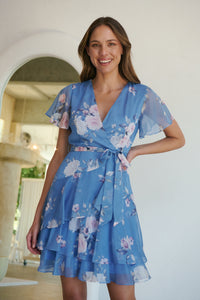 Paloma Chiffon Sky blue/Pink Floral Cross Over Dress