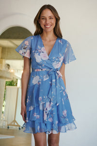 Paloma Chiffon Sky blue/Pink Floral Cross Over Dress