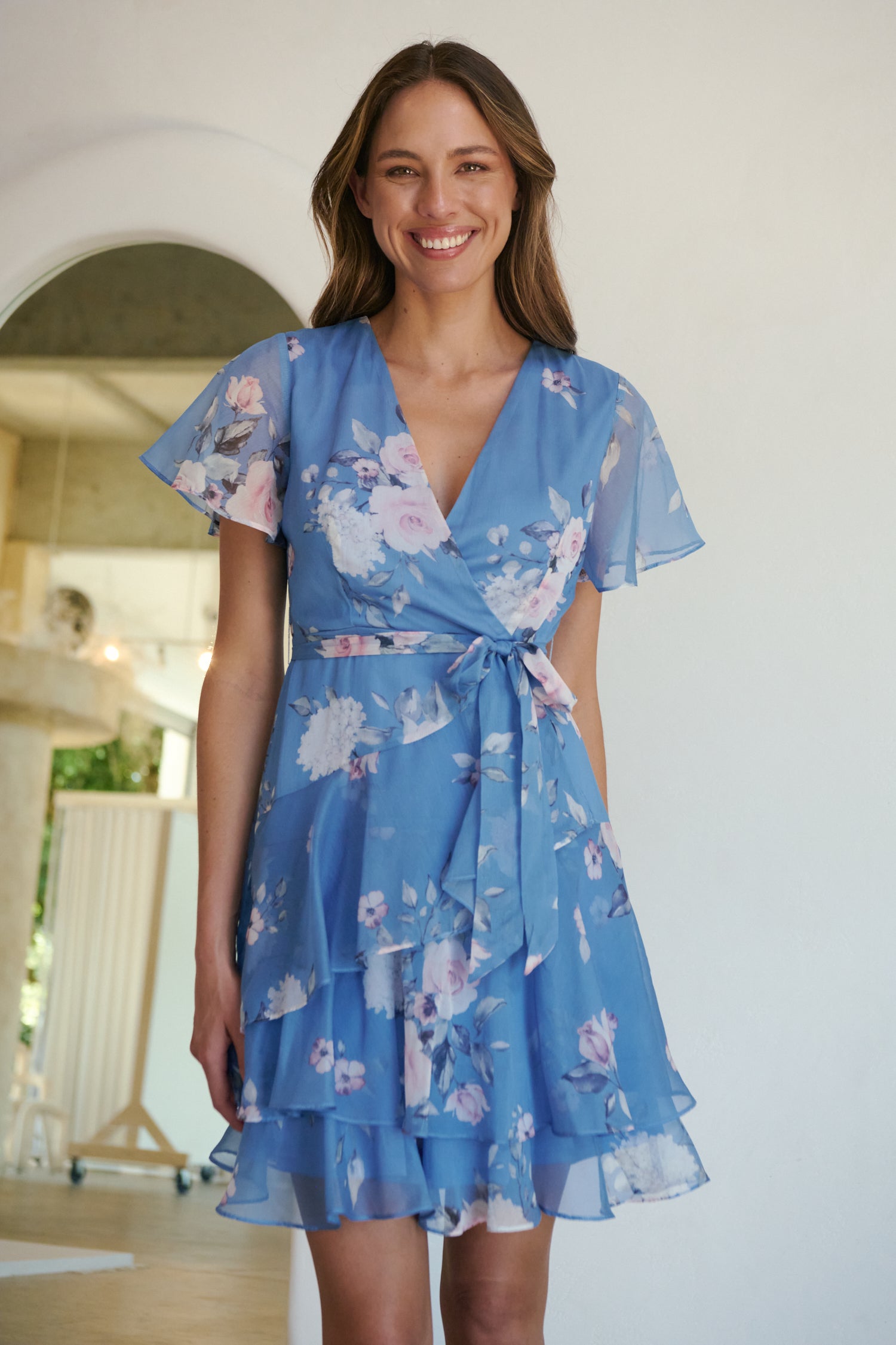 Paloma Chiffon Sky blue/Pink Floral Cross Over Dress