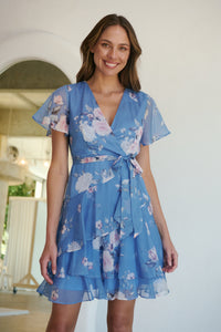 Paloma Chiffon Sky blue/Pink Floral Cross Over Dress