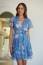 Load image into Gallery viewer, Paloma Chiffon Sky blue/Pink Floral Cross Over Dress