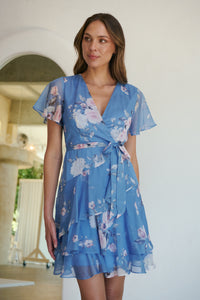 Paloma Chiffon Sky blue/Pink Floral Cross Over Dress