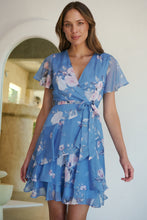 Load image into Gallery viewer, Paloma Chiffon Sky blue/Pink Floral Cross Over Dress