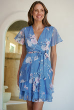 Load image into Gallery viewer, Paloma Chiffon Sky blue/Pink Floral Cross Over Dress