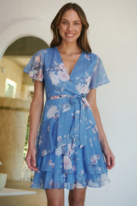 Paloma Chiffon Sky blue/Pink Floral Cross Over Dress