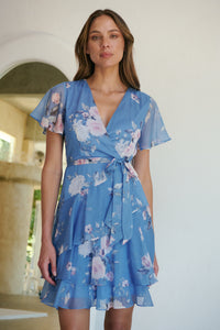 Paloma Chiffon Sky blue/Pink Floral Cross Over Dress