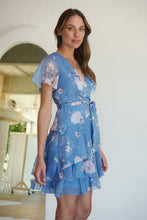 Load image into Gallery viewer, Paloma Chiffon Sky blue/Pink Floral Cross Over Dress