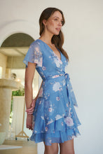 Load image into Gallery viewer, Paloma Chiffon Sky blue/Pink Floral Cross Over Dress