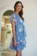 Load image into Gallery viewer, Paloma Chiffon Sky blue/Pink Floral Cross Over Dress