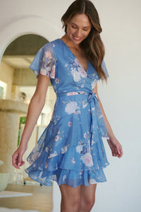 Paloma Chiffon Sky blue/Pink Floral Cross Over Dress