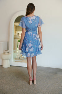 Paloma Chiffon Sky blue/Pink Floral Cross Over Dress