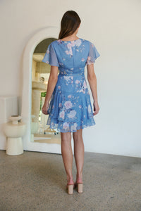 Paloma Chiffon Sky blue/Pink Floral Cross Over Dress