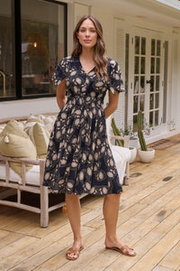 Carina Button Front Navy/Beige Print Summer Dress