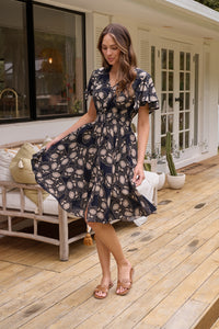 Carina Button Front Navy/Beige Print Summer Dress