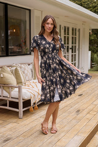 Carina Button Front Navy/Beige Print Summer Dress