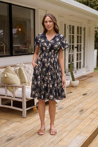 Carina Button Front Navy/Beige Print Summer Dress