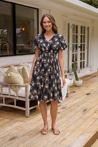 Carina Button Front Navy/Beige Print Summer Dress