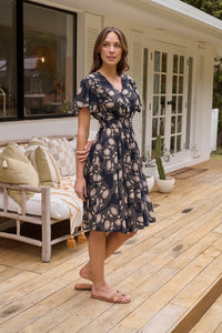 Carina Button Front Navy/Beige Print Summer Dress