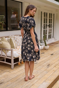 Carina Button Front Navy/Beige Print Summer Dress