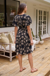 Carina Button Front Navy/Beige Print Summer Dress