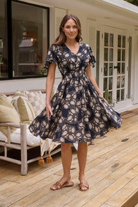 Carina Button Front Navy/Beige Print Summer Dress