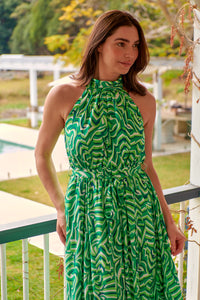 Isla Green Geo Print High Neck Midi Dress