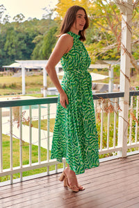 Isla Green Geo Print High Neck Midi Dress