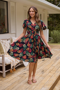 Carina Navy/Red/Green Bold Leaf Print Summer Dress