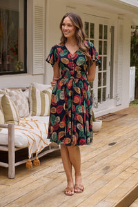 Carina Navy/Red/Green Bold Leaf Print Summer Dress