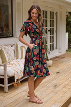 Load image into Gallery viewer, Carina Navy/Red/Green Bold Leaf Print Summer Dress