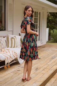 Carina Navy/Red/Green Bold Leaf Print Summer Dress