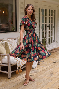 Carina Navy/Red/Green Bold Leaf Print Summer Dress