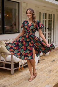 Carina Navy/Red/Green Bold Leaf Print Summer Dress